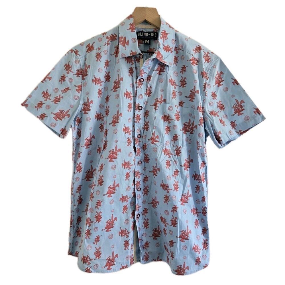Blink 182 Down Button Up Shirt Mens Blue Hawaiian Pink Bunny Punk Band Small